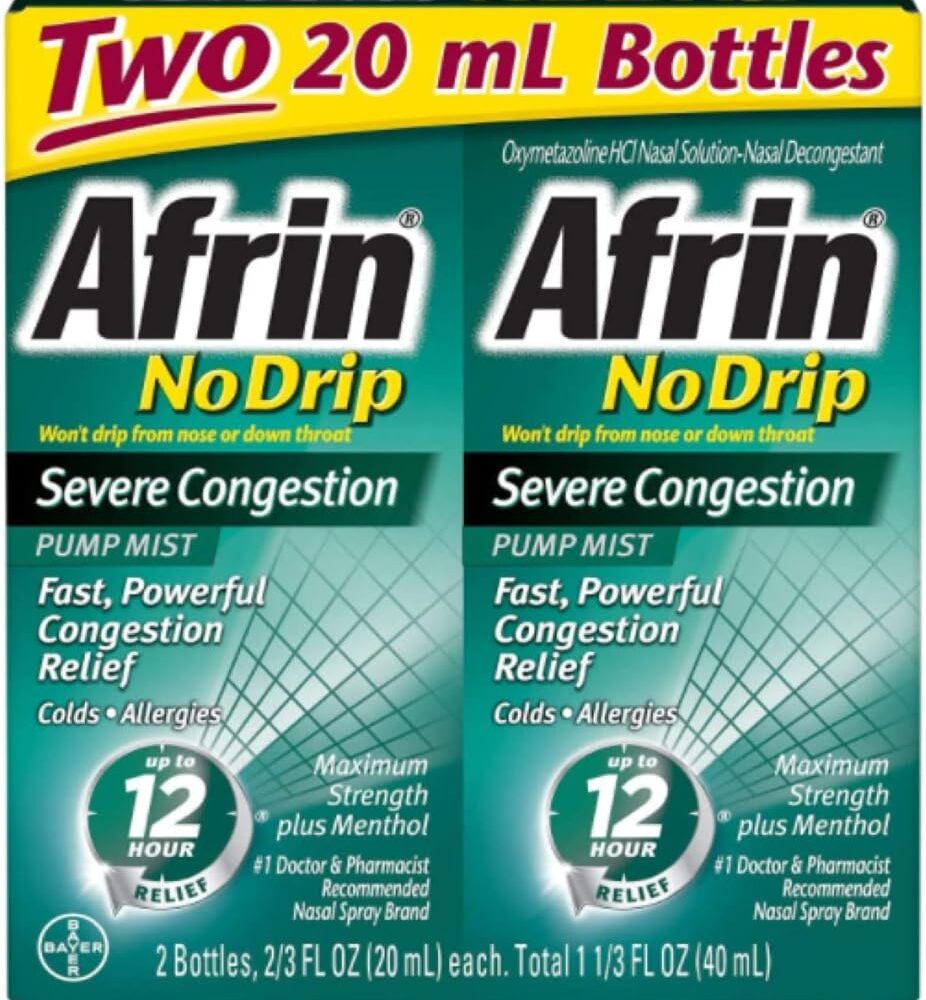 Afrin No Drip Severe Congestion 12 Hours Relief Nasal Decongestant Bottle, 0.67 Fl Oz (Pack of 2)