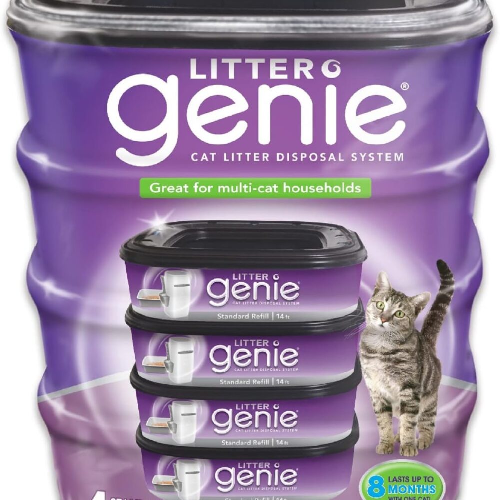 Litter Genie Refill Bags (4-Pack) | Multi-Layers of Odor-Barrier Technology | 1 Square Refill Cartridge Lasts Up to 2 Months Per Cat