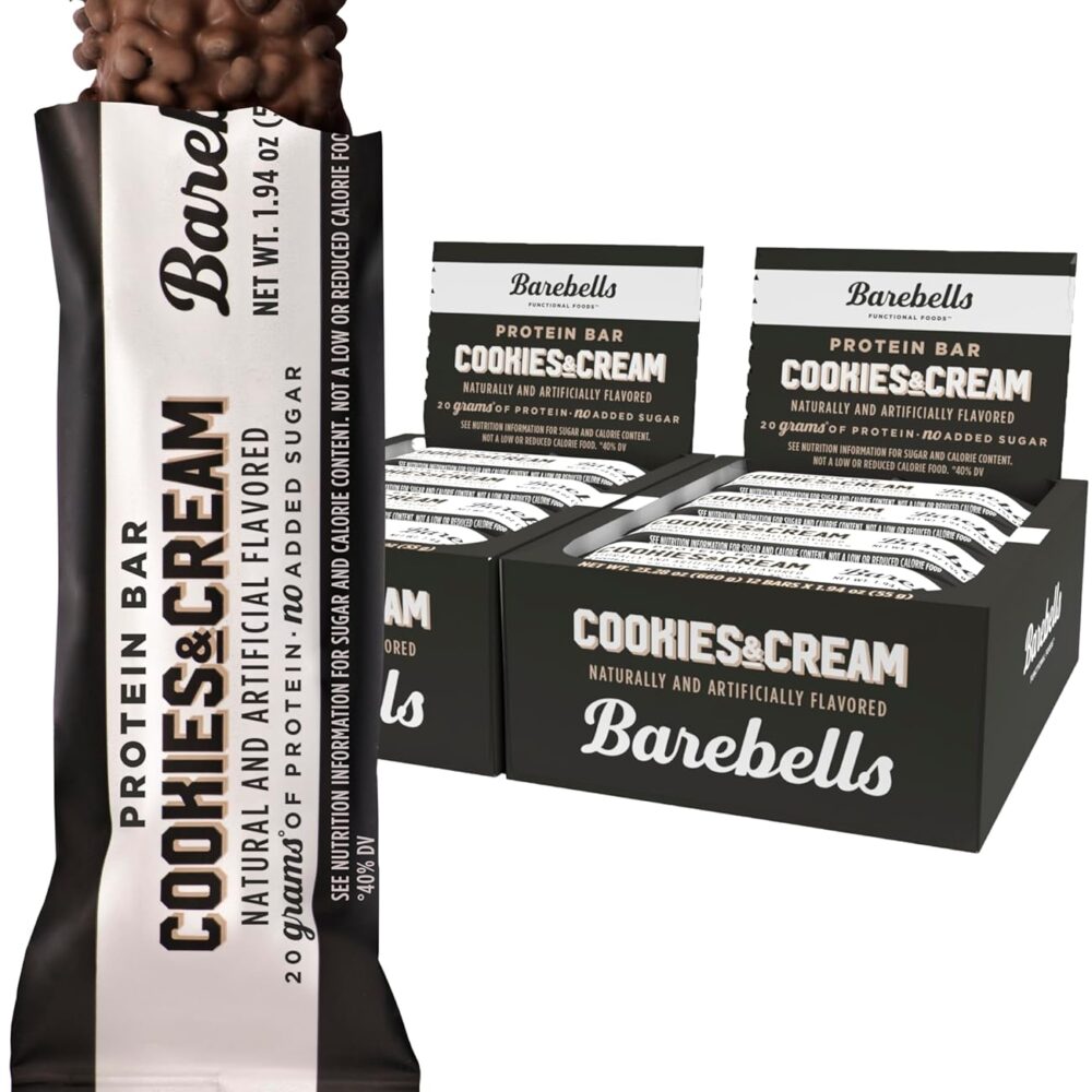 BAREBELLS Protein Bars Cookies & Cream - 12 Count, Pack of 2 - Protein Snacks with 20g of High Protein - Chocolate Protein Bar with 1g of Total Sugars - On The Go Protein Snack & Breakfast Bars…